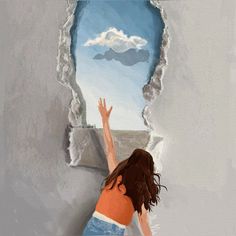 a painting of a woman reaching up to the sky through a hole in a wall