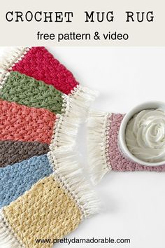 the crochet mug rug is made with different colors and fringes, along with a bowl of whipped cream