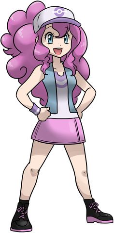 a cartoon girl with pink hair and purple dress standing in front of a white background