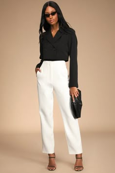 White Pants - Straight Leg Pants - Chic Trouser Pants - Lulus Realtor Fits, Square Pants Outfit, Realtor Outfits, Successful Woman, Club Outfits For Women, Work Fits, Office Pants, Corporate Style, Professional Outfits Women