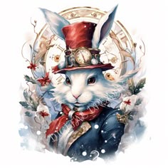 a white rabbit wearing a red hat and blue suit with an ornate clock on it's face