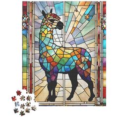 a stained glass window with a horse on it and several pieces of puzzles in front of it