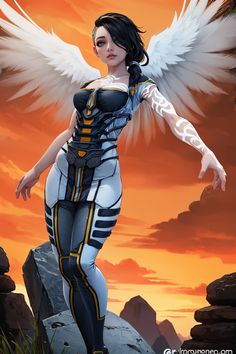 a woman with white wings standing on top of a rock