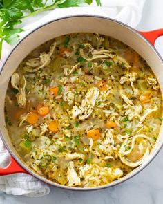 a red pot filled with chicken noodle soup on top of a white marble counter