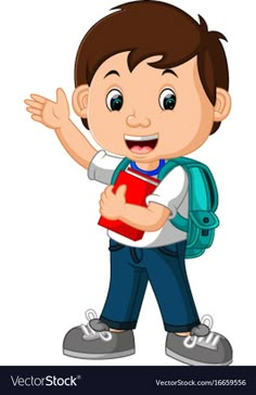 a boy with a backpack waving and holding his hand up to the side, while he is