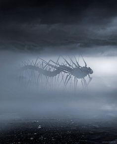 an image of a giant grasshopper in the middle of foggy water with dark clouds