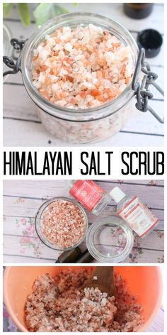 the ingredients for himalayan salt scrub in a glass bowl and on a wooden table with text overlay