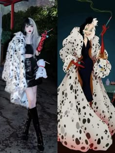 two photos one with black hair and the other with white hair wearing dalmatian costumes