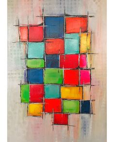 an abstract painting with squares and lines painted on it