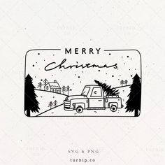 a christmas card with a truck in the background and trees on the front, merry christmas