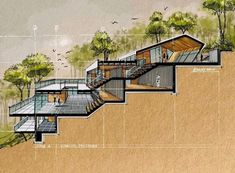 an architectural drawing of a house with stairs leading up to the top floor and trees in the background