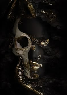 a gold and black mask is shown against a dark background with the image of a human skull