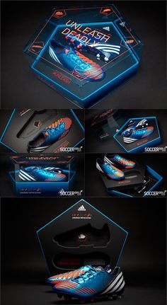 the new adidas soccer shoe is shown in blue and orange colors, with an image of