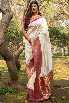 White Paithani Saree, White Paithani, White Silk Saree, Paithani Silk Saree, Banaras Sarees, Banarsi Saree, Paithani Saree, Bridesmaid Saree, Indian Designer Sarees