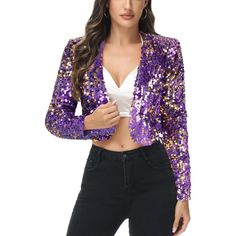 Add a touch of glamour to your outfit with the Anna-Kaci Women's Sequin Bedazzled Long Sleeve Bolero, featuring shimmering sequins and adjustable spaghetti straps for a customizable fit. This dazzling bolero is perfect for pairing with a fitted skirt, skinny jeans, or any bottoms, making it a versatile addition to your wardrobe. Fitted Embellished Sequin Fabric, Glamorous Fitted Sequin Fabric For Spring, Fitted Sequin Fabric With Contrast Sequins For Spring, Fitted Sequin Fabric For Spring, Fitted Contrast Sequin Fabric For Spring, Glamorous Fitted Sequin Fabric For Winter, Purple Winter Party Top, Embellished Sequin Fabric For Fall Fitted Outfits, Fitted Sequin Fabric For Spring Party