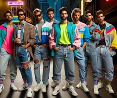 a group of young men standing next to each other on a city street at night