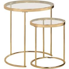 two tables with glass tops and gold metal bases, one on each side by the other