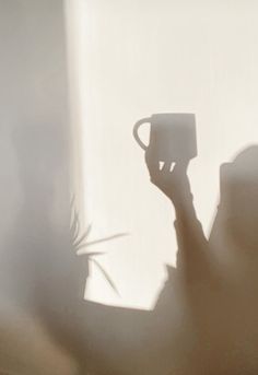 the shadow of a person holding a coffee mug in their hand, against a white wall