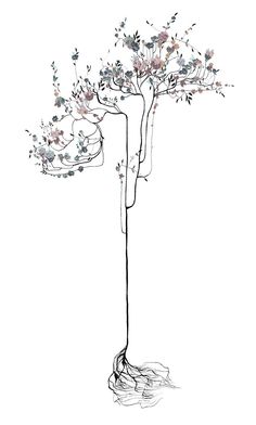 a black and white drawing of a tree with flowers on it's branches in the wind