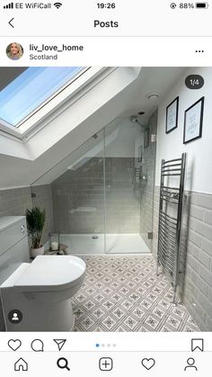 a bathroom with a skylight above the toilet