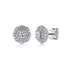 14K White Gold Octagonal Double Halo Diamond Stud Earrings Classic Halo Diamond Earrings In Diamond White, White Gold Diamond Octagon Earrings, Timeless Diamond White Halo Earrings, Luxury Diamond White Octagon Earrings, White Gold Heart-cut Halo Earrings, Classic Earrings, Double Halo, Diamond Stud Earrings, Diamond Stud