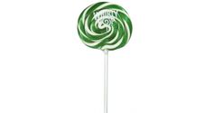 a green and white lollipop on a stick