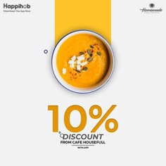 a bowl of soup with cheese on top and the words 10 % discount from cafe houseful