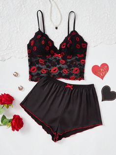 2pcs Heart & Lip Lace Design Camisole And Satin Shorts Pajamas Set Black     Colorblock,Figure,Geometric,Plants,All Over Print Short Sets Medium Stretch All Women Sleep & Lounge, size features are:Bust: ,Length: ,Sleeve Length: Cute Lounge Outfits, Kawaii Pajamas, Shorts Pajamas, Lounge Outfits, Short Satin, Satin Noir, Satin Shorts