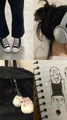 two pictures one with headphones and the other with an earphone attached to a backpack