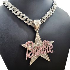 Women Silver Shiny Barbie Star Charm & Iced Cubic Zirconia Cuban Chain Necklace HIP HOP CELEBRITY STYLE BRAND NEW USA SELLER Product Description Hip Hop Iced Cuban Choker Chain : Hip Hop Celebrity Style Chain 13mm 16" 18" 20" Iced Cuban Chain Cubic Zirconia Stones Silver plated over alloy Pendant :  Hip Hop Celebrity Style Pendant Pendant Size : 55mm x 55mm Cubic Zirconia Stones Silver plated over alloy High Quality and polished. Payments: US Customers: Paypal accepted International Customers: P Trendy Star-shaped Chain Jewelry, Star-shaped Chain Jewelry For Party, Star Shaped Chain Jewelry For Party, Star-shaped Rhinestone Party Jewelry, Icy Jewelry, Barbie Star, Cuban Choker, Ice Necklace, Rapper Jewelry