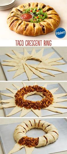 the process to make taco crescent ring wreaths is shown in three different stages