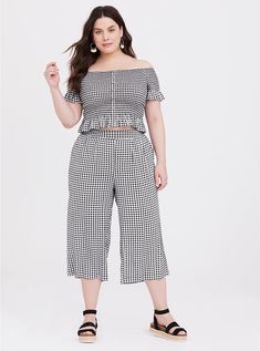 Black & White Gingham 2-Piece Culotte Set, GINGHAM WHITE-BLACK Gingham Set, Collarless Denim Jacket, Chiffon Wrap Dress, Button Maxi Dress, Knit Skater Dress, Challis Fabric, Chiffon Wrap, Handkerchief Dress, Top Skirt Set