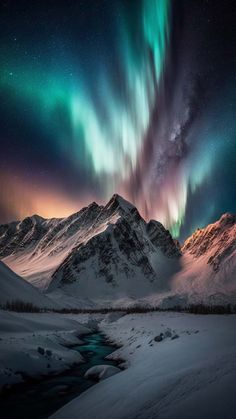 the aurora bore is shining brightly in the night sky over snowy mountains and streames