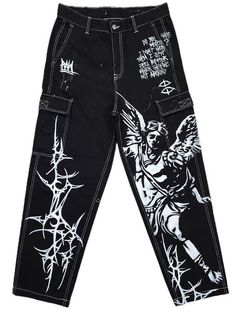 Cool Painted Jeans, Paint Clothes Ideas, Jeans With Drawings, Black Pants Design, Painting On Pants Ideas, Drawing On Pants, Painted Jeans Ideas, Jean Painting Ideas