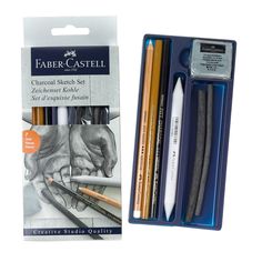 faber castel charcoal sketching pencils set of 4 with sharpener and eraser