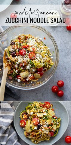 two pictures showing the process of making zucchini noodle salad with tomatoes and other ingredients