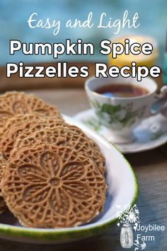 an easy and light pumpkin spice pizzes recipe on a plate next to a cup of tea