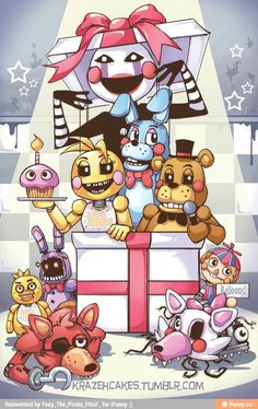 an image of some cartoon characters in front of a gift box with cupcakes