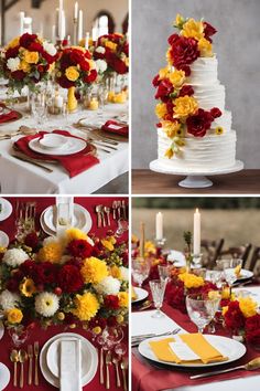 the table is set with red and yellow flowers, white plates, and silverware