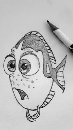 a pencil drawing of a fish with big eyes