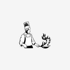 a chef is cooking on the grill with flames in his hand, black and white drawing