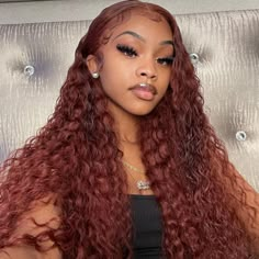 CurlyMe Reddish Brown Color Water Wave Auburn Hair 13x4 Lace Front Wigs Pre Plucked - curlyme hair Bleached Hairline, Wigs Colorful, Dark Auburn Hair Color, Dark Auburn Hair, Curly Lace Frontal, Wig Styling, Hair Patterns, Glueless Wigs, Hair Color Auburn