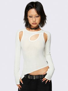 Craving that edgy, Acubi aesthetic? Our White Asymmetric Cut-Out Top has you covered! With grunge vibes and a bold Gen X Soft Club twist, this top is for those who aren't afraid to stand out. Shop now at Minga London! Gen X Soft Club, Acubi Aesthetic, Early 2000s Style, Minga London, Bandage Top, Neckline Slimmer, Asymmetric Top, Asymmetrical Cut, Grunge Vibes