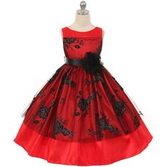 Everlasting yet elegant sleeveless style dress. Tulle flower brooch on the waist. Adjustable satin ribbon sash on the back. Additional netting under the skirt for volume look. Tea length. Center back zipper. Fully lined for comfort. Perfect for special occasions. MADE IN USA COLOR: RED FINAL SALE Bridesmaid Dance, Ankara Styles For Kids, Black Flower Girl Dress, Black Red Wedding, Masquerade Outfit, Red Flower Girl Dresses, Christmas Pageant, Charmeuse Dress, Bridal Party Outfit