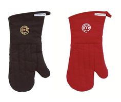 two oven mitts are shown side by side, one has a logo on it