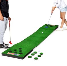 two people playing mini golf on a white background