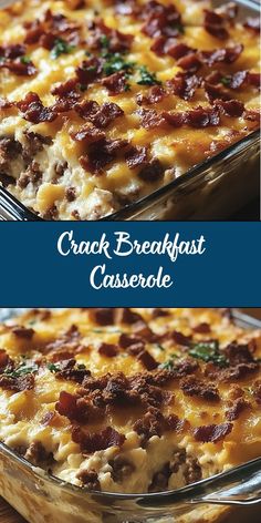 two pictures of a casserole with meat and cheese