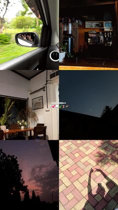 a series of photos showing the inside of a house and its reflection in the window