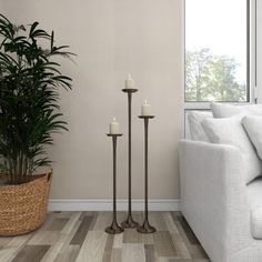 a living room filled with furniture and a potted plant on top of a hard wood floor