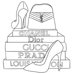 a pair of high heeled shoes sitting on top of stacked books with the words chanel dior gucci prad louison